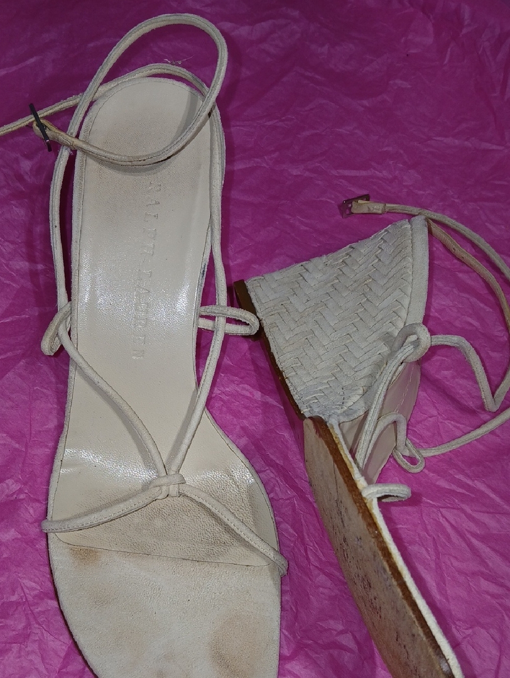 Ralph Lauren Cream Woven Ankle-Tie Wedges Italy